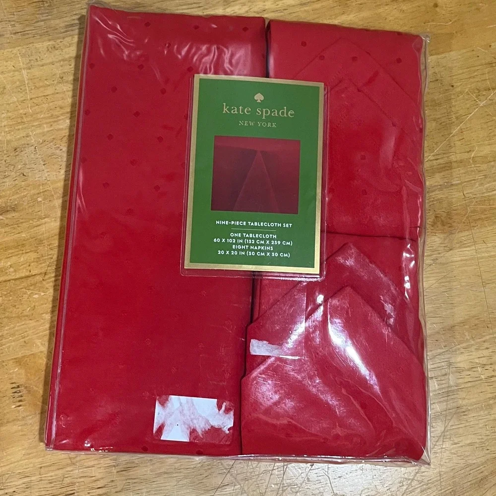 Kate Spade Red Larabee Dot 9-Piece Tablecloth Set 60x102 8 Napkins Christmas NEW
